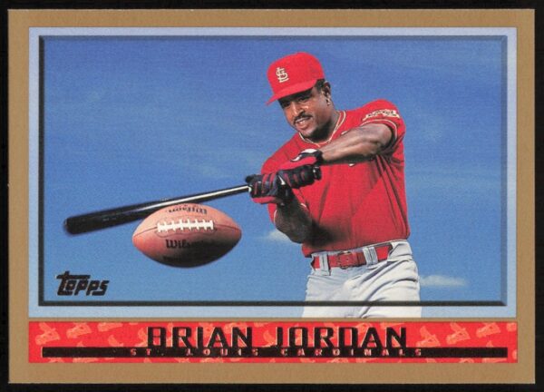 1998 Topps Brian Jordan baseball card, St. Louis Cardinals uniform, mid-action shot.