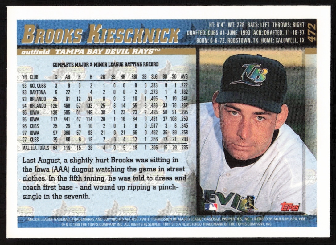 Back of 1998 Topps Brooks Kieschnick Baseball Card #472 - stats and career highlights.