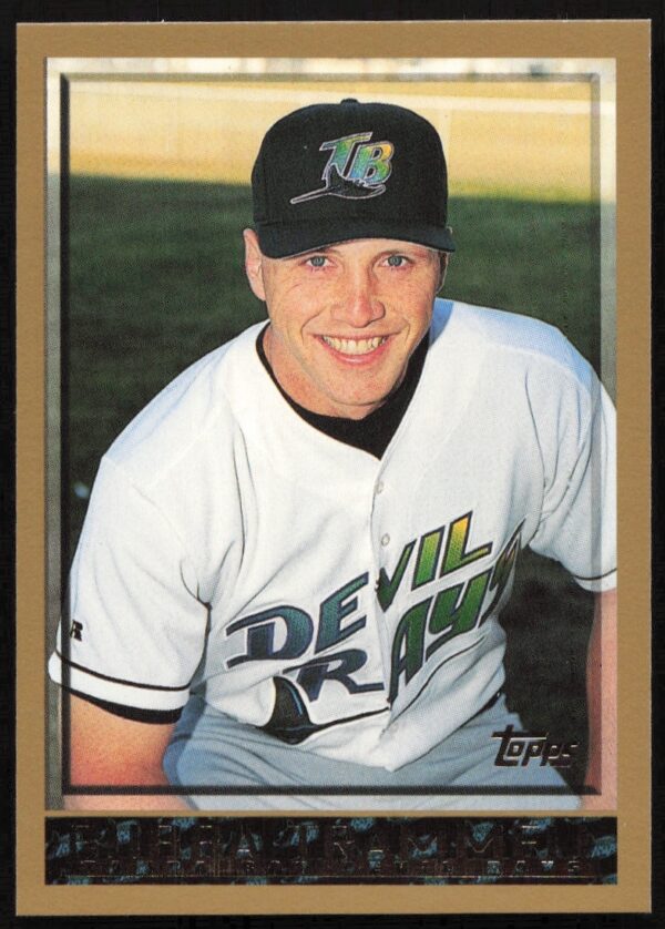 Bubba Trammell 1998 Topps Baseball Card #470, Tampa Bay Devil Rays uniform, in-game action.