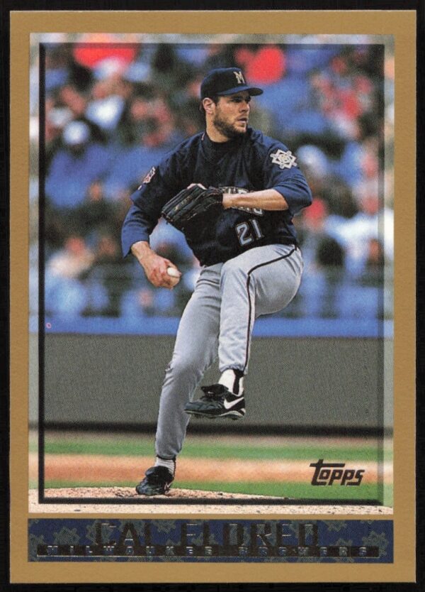 Cal Eldred pitching on 1998 Topps baseball card #187, Milwaukee Brewers uniform, focused expression.