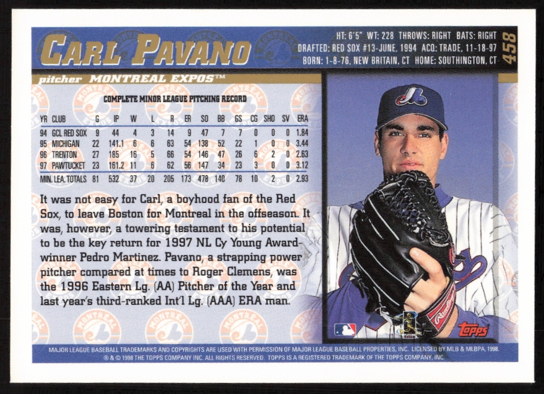 Back of 1998 Topps Carl Pavano card with stats and career details.