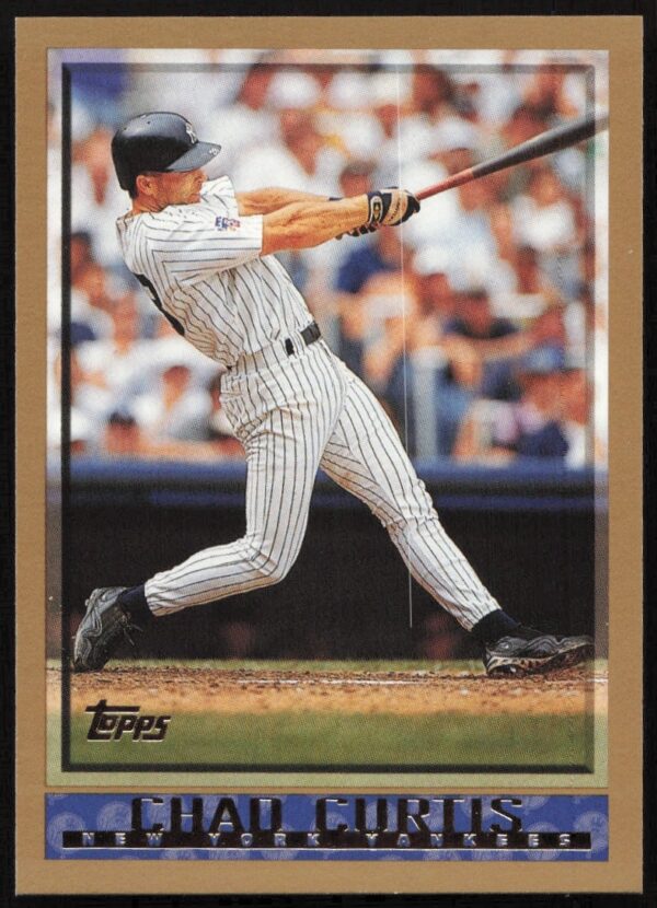 Front of 1998 Topps Chad Curtis baseball card #406, showcasing players athletic stance.