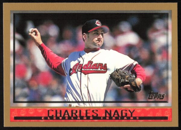Front of 1998 Topps baseball card featuring Charles Nagy, pitcher, Cleveland Indians.