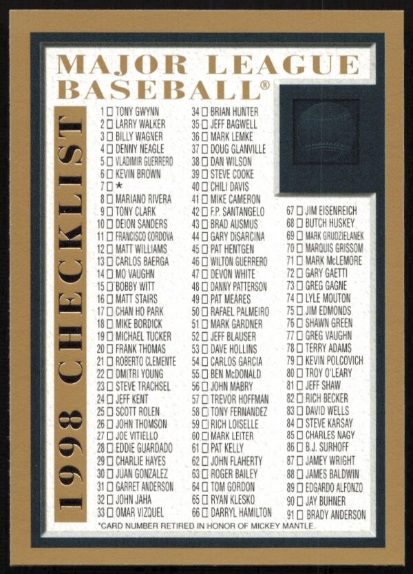 1998 Topps Baseball checklist showing cards 1-195, front view.