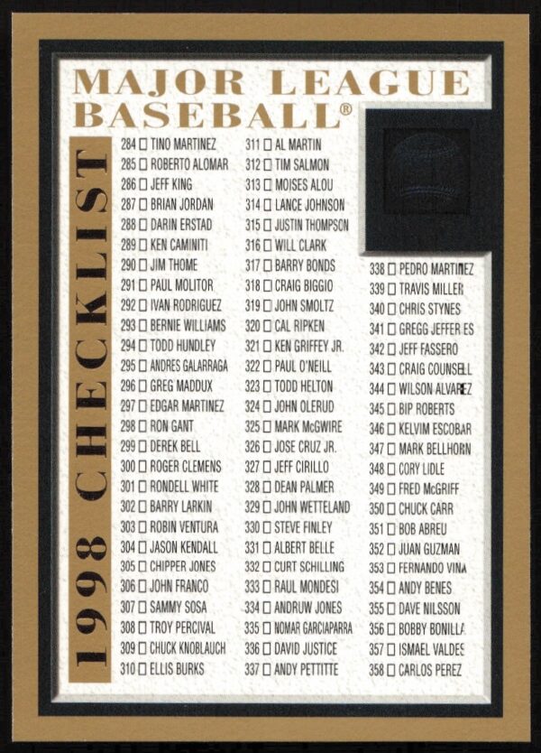 1998 Topps Baseball Card Series Checklist 284-442, Front View
