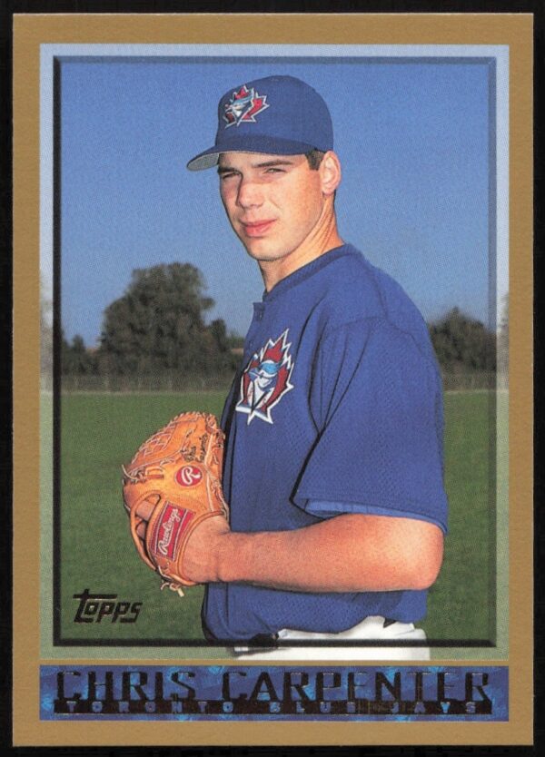 1998 Topps Baseball Card #442 of Chris Carpenter, featuring Toronto Blue Jays pitcher (front view).