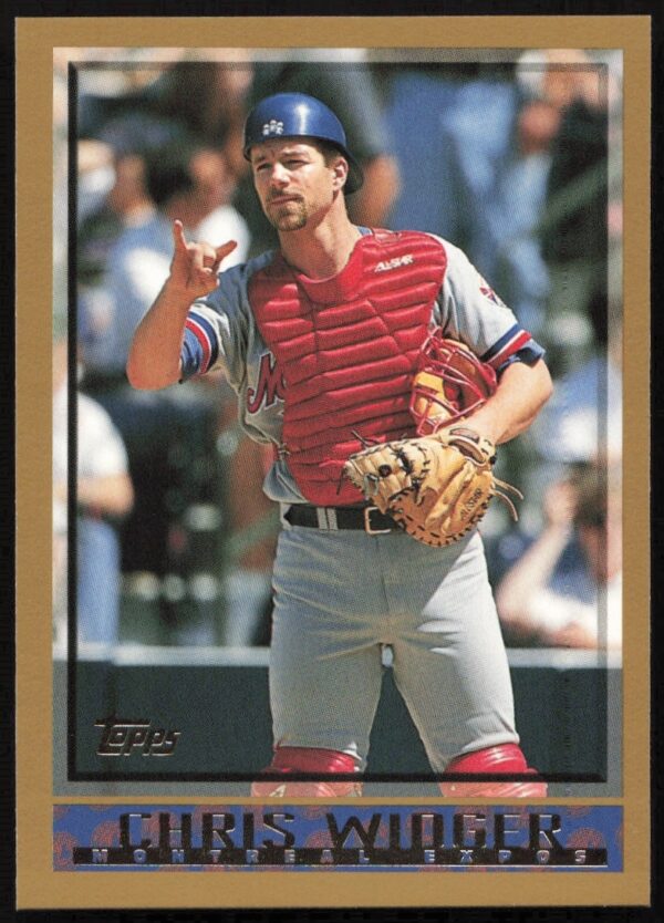 Chris Widger 1998 Topps Baseball Card #237 in Expos uniform with glove and bat.
