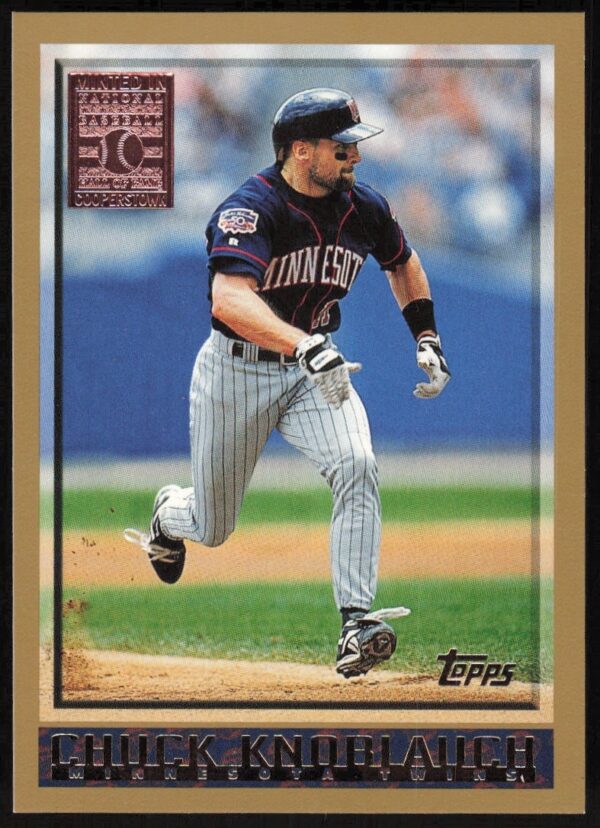 Front of 1998 Topps Chuck Knoblauch baseball card, Minted in Cooperstown series, #309.