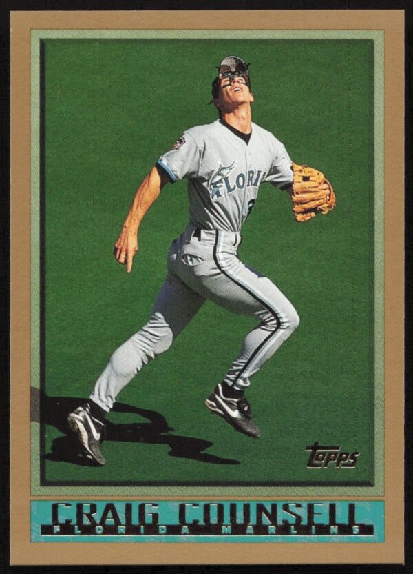 1998 Topps Craig Counsell #343, Florida Marlins baseball card, defensive stance.