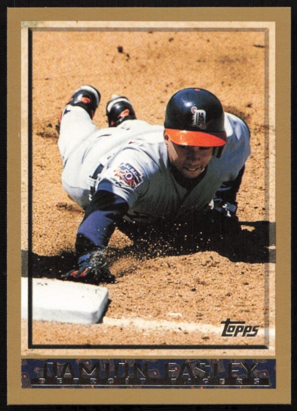 Damion Easley 1998 Topps Card, Detroit Tigers, Action Shot, Baseball Player #147 Front.