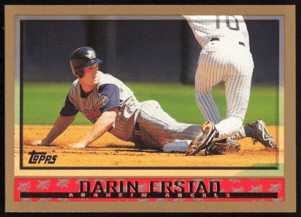 Front of 1998 Topps Darin Erstad baseball card, No. 288, featuring action pose.