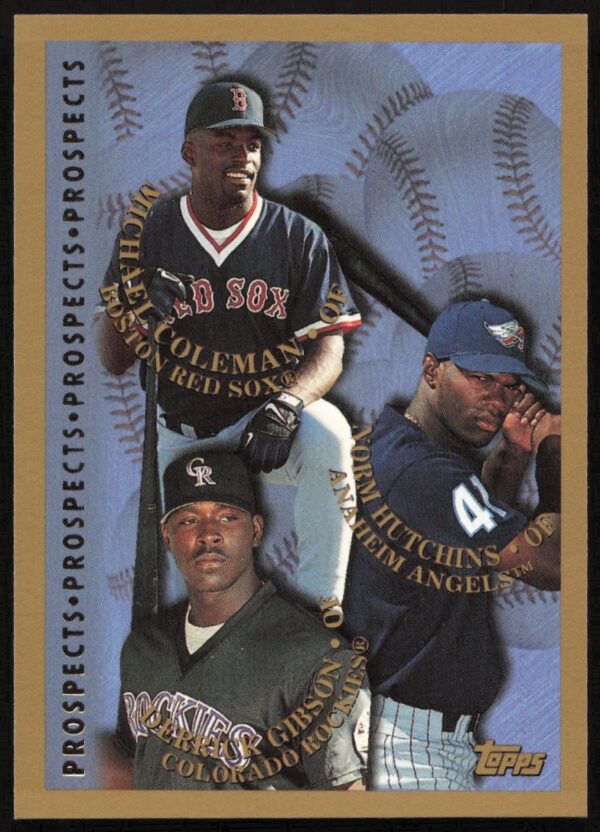 1998 Topps card showcasing MLB prospects Derrick Gibson, Michael Coleman, Norm Hutchins.