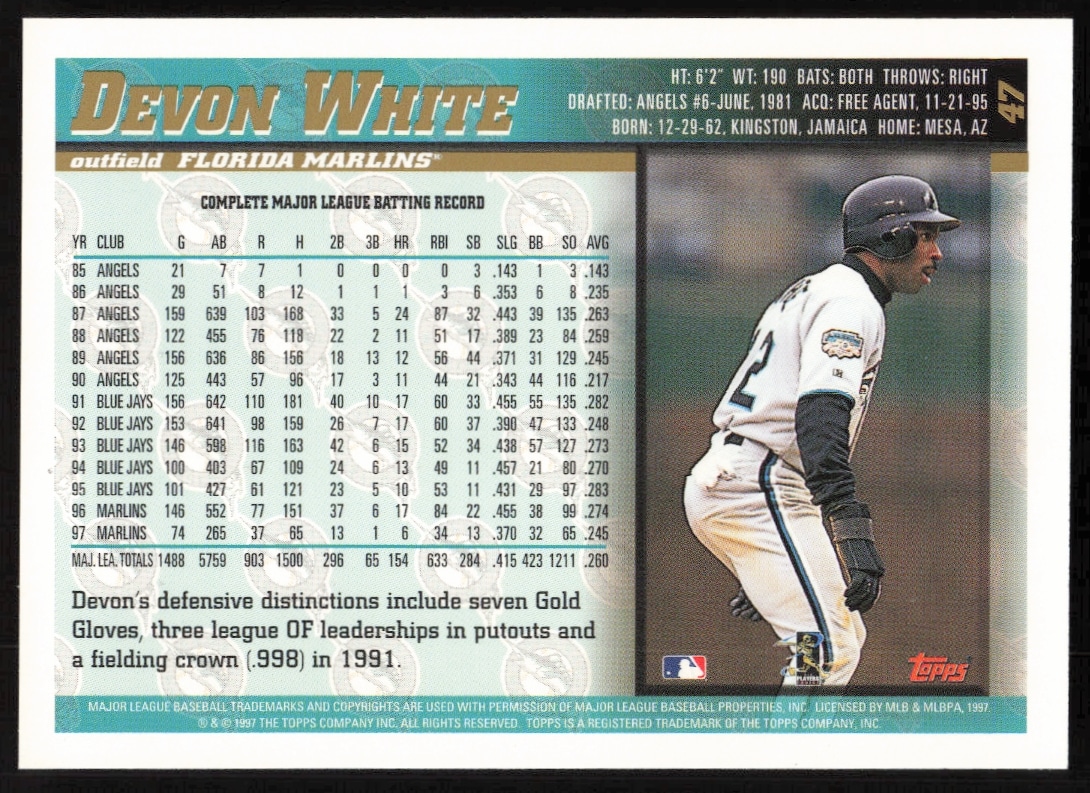 Back of 1998 Topps Devon White #47 baseball card with player stats and highlights.