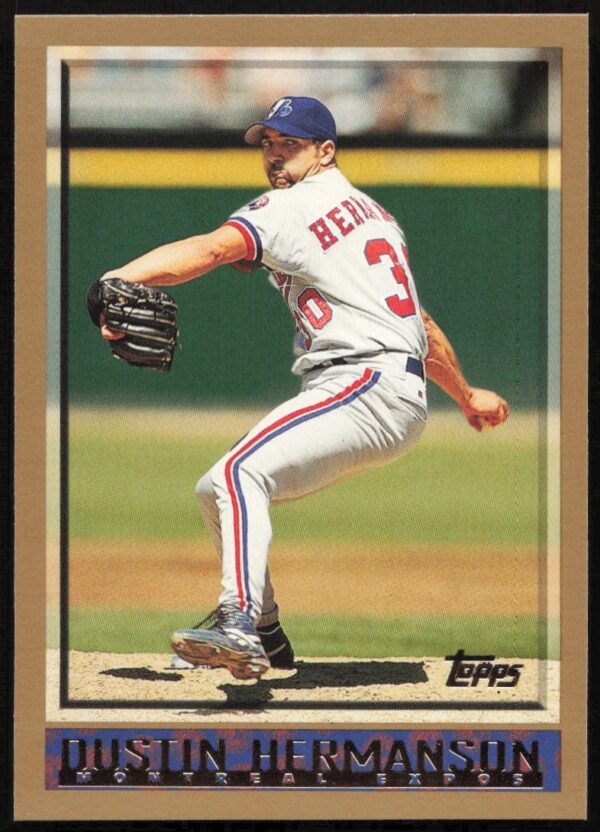 Front of 1998 Topps Baseball Card #421, featuring pitcher Dustin Hermanson in uniform.