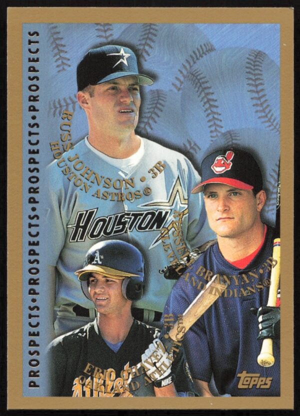1998 Topps Baseball Prospects card featuring Eric Chavez, Russ Johnson, Russell Branyan.