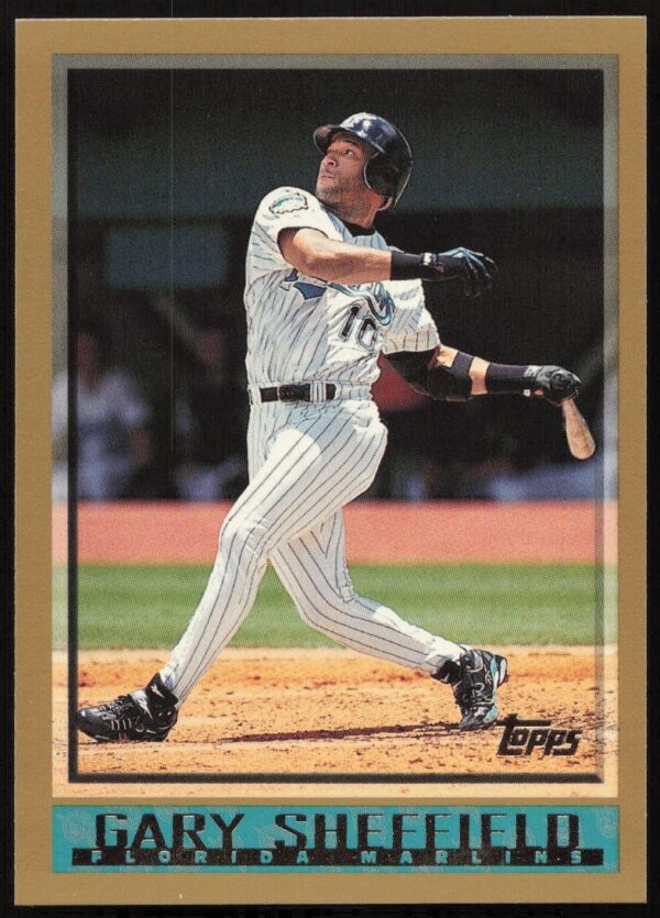 Gary Sheffield 1998 Topps Baseball Card #166, iconic collectible, dynamic action shot.