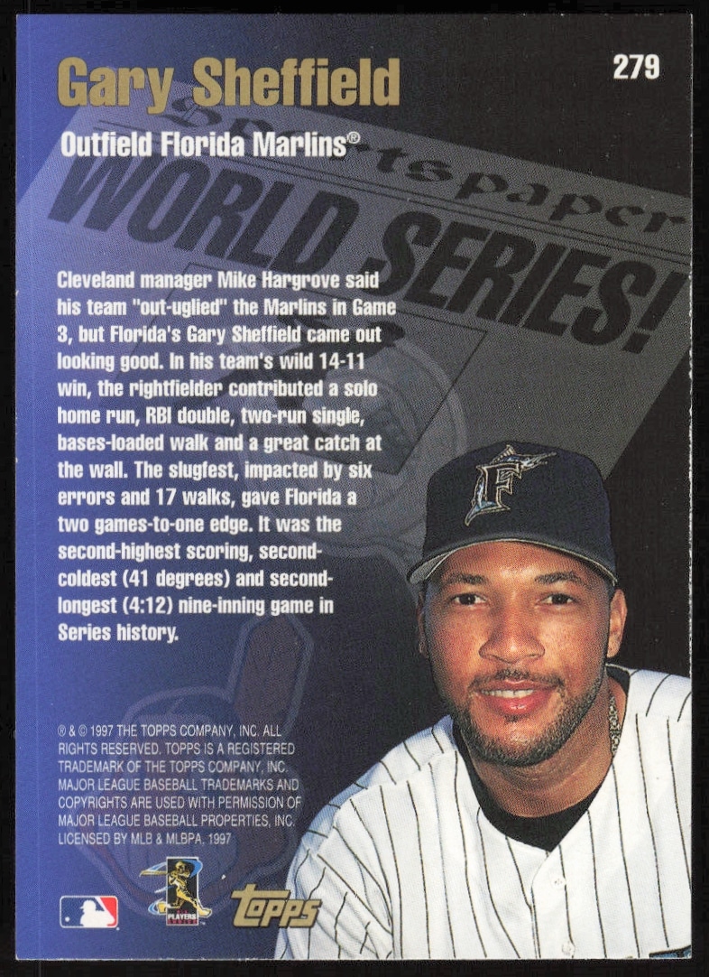 Back of 1998 Topps Gary Sheffield baseball card, featuring 1997 World Series stats and bio.