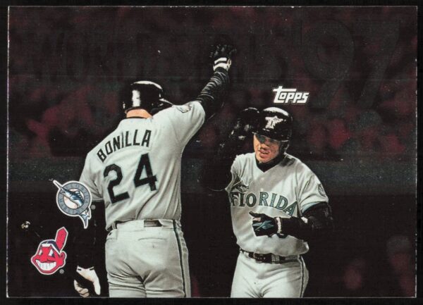 Front of 1998 Gary Sheffield Topps card, highlighting 1997 World Series contribution.