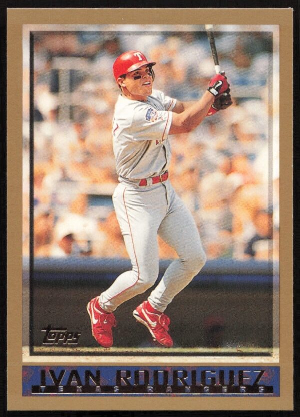 Ivan Rodriguez 1998 Topps Card #292, Texas Rangers, showcasing his 1997 season highlights.
