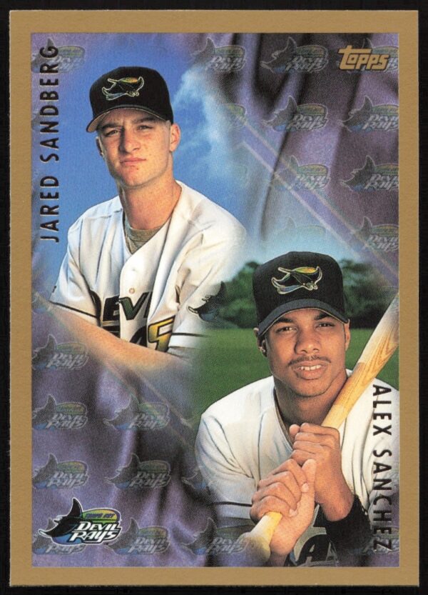 Jared Sandberg and Alex Sanchez 1998 Topps baseball card #250 showing action poses.