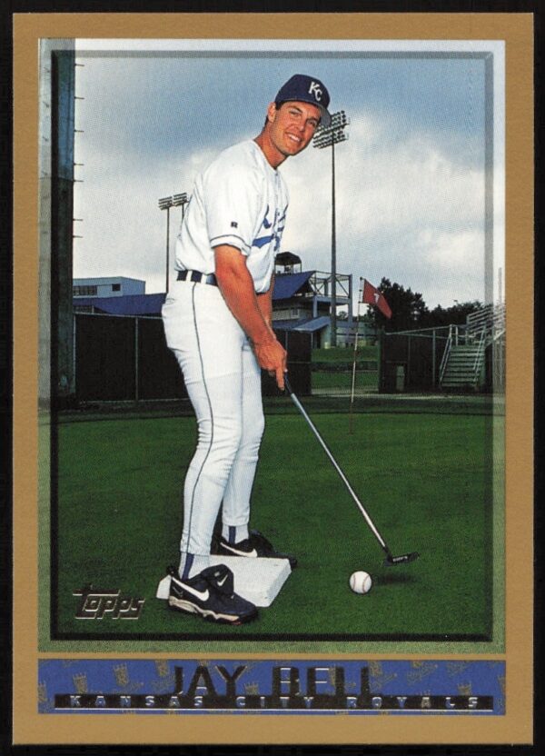 Front view of 1998 Topps baseball card showcasing Jay Bell, #140, mid-action with team insignia.