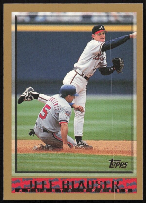 Jeff Blauser 1998 Topps Baseball Card #52, Atlanta Braves, action pose.