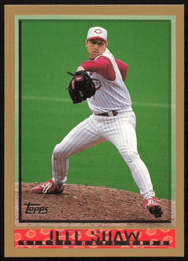 1998 Topps Jeff Shaw #81 baseball card, Cincinnati Reds pitcher, mid-action on mound.