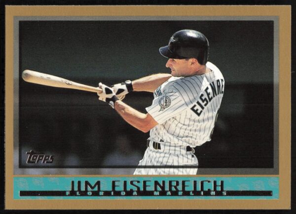 Front view of 1998 Topps Jim Eisenreich baseball card #67, featuring action pose.