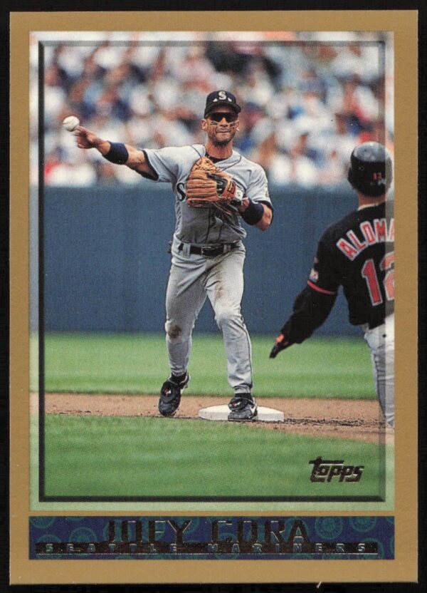 Front of 1998 Topps Joey Cora #143 baseball card, Seattle Mariners uniform.