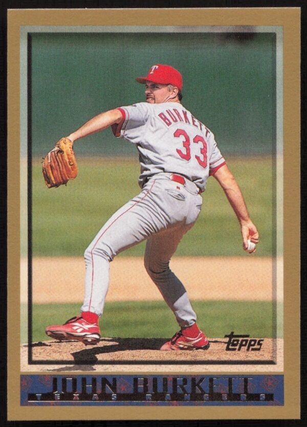 1998 Topps Baseball Card featuring pitcher John Burkett on the mound, ready to pitch.