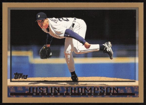 1998 Topps Baseball Card featuring Detroit Tigers pitcher Justin Thompson in uniform.