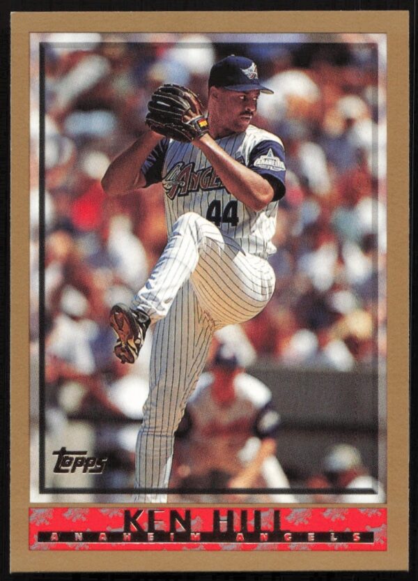 Topps 1998 Ken Hill #446 baseball card, Texas Rangers pitcher in action.