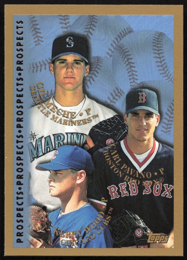 1998 Topps Rookie Pitchers Card: Kerry Wood, Carl Pavano, Gil Meche Prospects #256.
