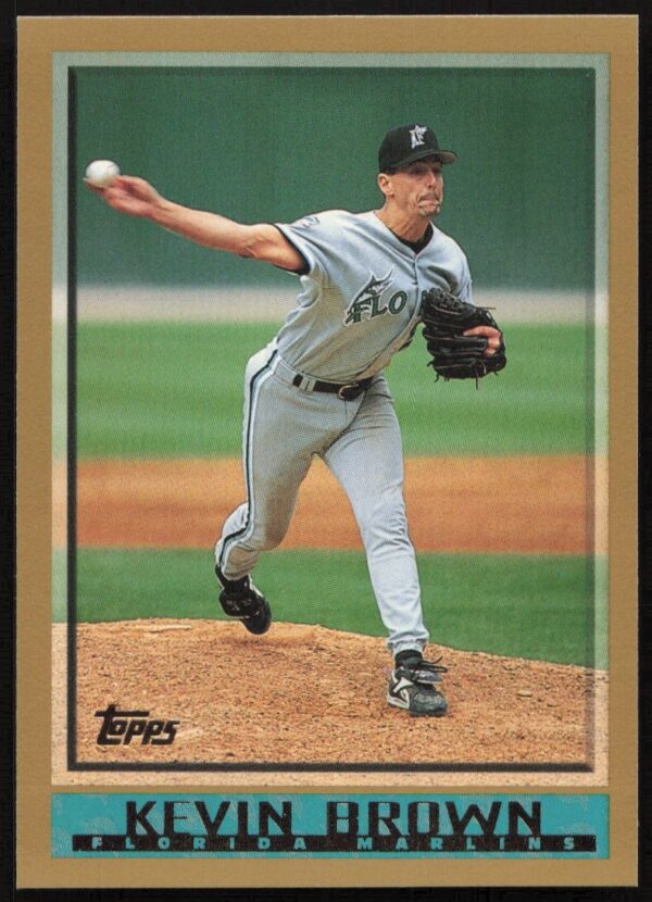 1998 Topps Kevin Brown Dodgers card #6, mid-pitch action in uniform.