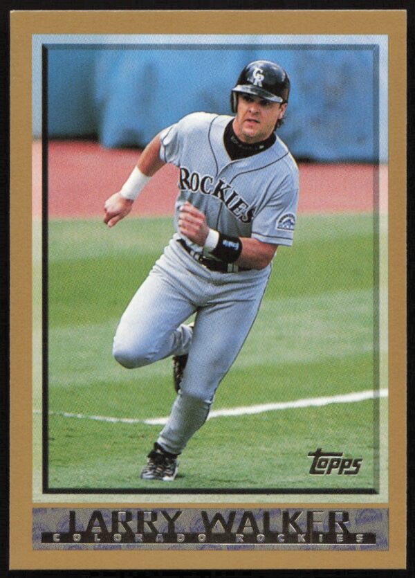 Front of 1998 Topps Larry Walker baseball card, showing him in Colorado Rockies uniform.