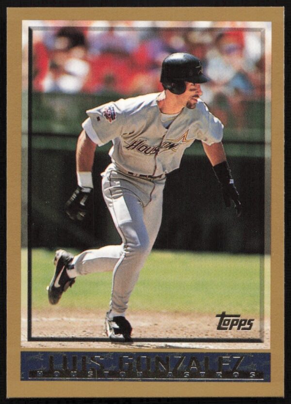 1998 Topps Luis Gonzalez #210, Arizona Diamondbacks, dynamic batting pose.