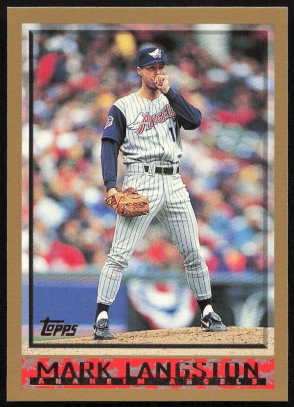 1998 Topps Mark Langston #379, MLB pitcher in action on card front.