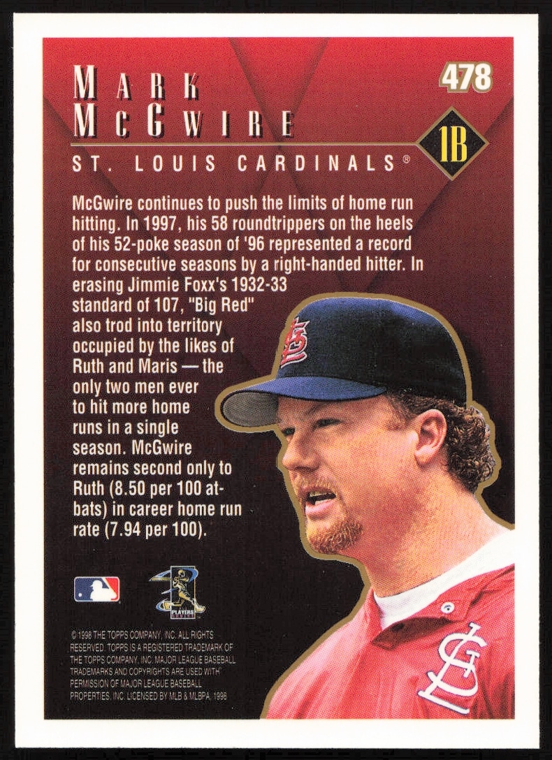 1998 Topps Mark McGwire card highlights record-breaking MLB season achievements (card back).