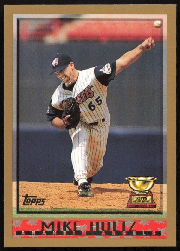 Mike Holtz 1998 Topps baseball card #185 featuring Anaheim Angels pitcher in uniform.