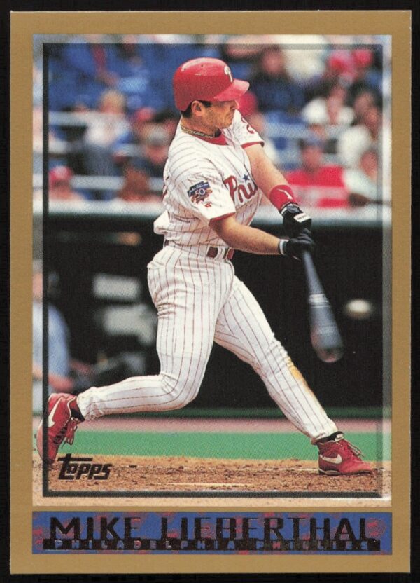 1998 Topps #94 Mike Lieberthal Baseball Card Front, Philadelphia Phillies Uniform, Mid-Action Pose
