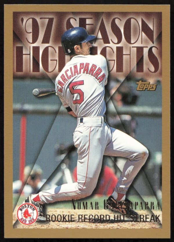 Front view of 1998 Topps Highlights card featuring Nomar Garciaparra, Boston Red Sox star.