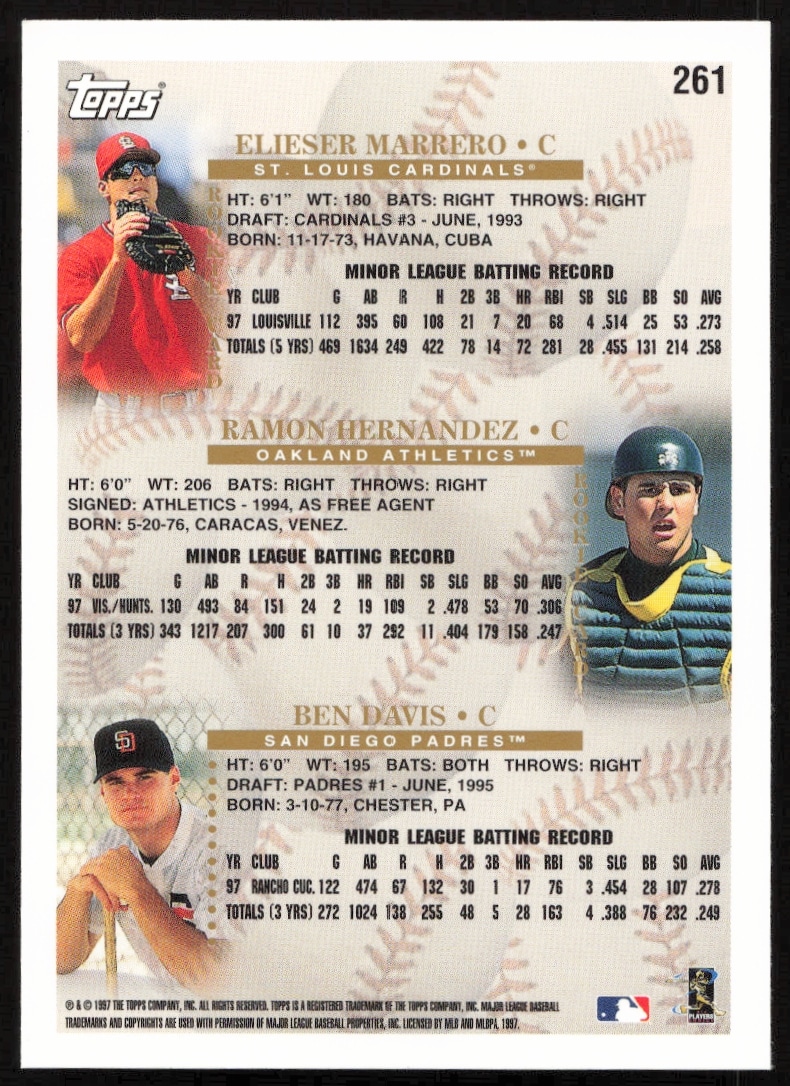 Back of 1998 Topps Prospects card #261 with stats for Hernandez, Davis, and Marrero.