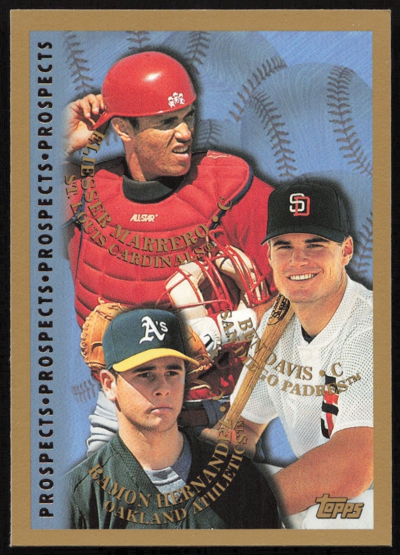 1998 Topps Baseball Card #261: Ramon Hernandez, Ben Davis, Eli Marrero Prospects (Front).