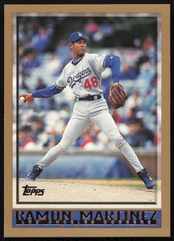 Front view of 1998 Topps #397 Ramon Martinez baseball card in pitching stance.