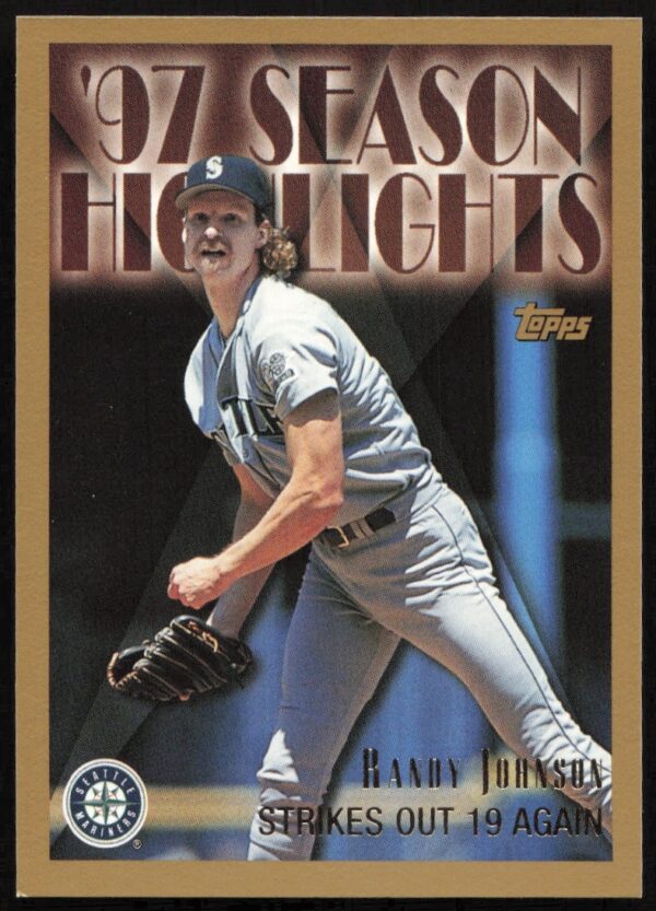 Randy Johnson 1998 Topps Card #265, Season Highlights, Arizona Diamondbacks, Action Shot.