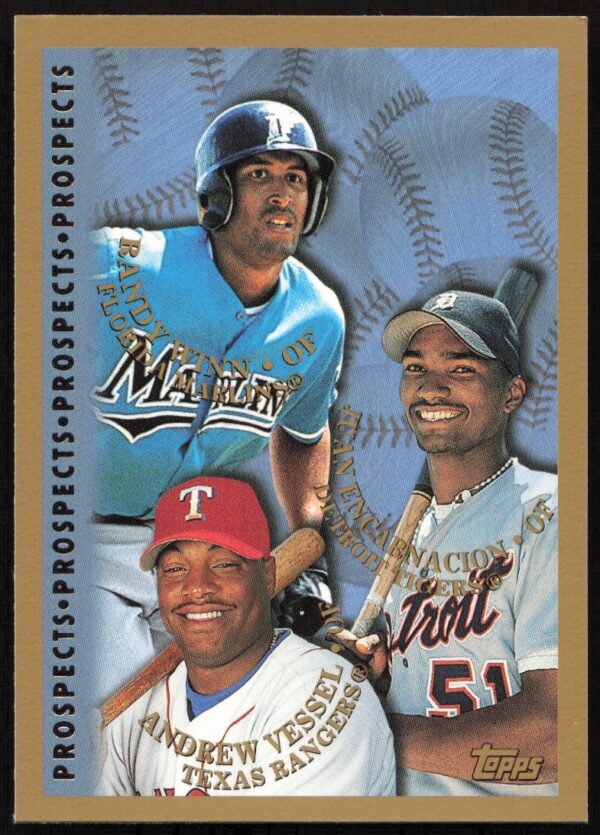 1998 Topps Card #258: Randy Winn, Juan Encarnacion, Andrew Vessel MLB Prospects Front.