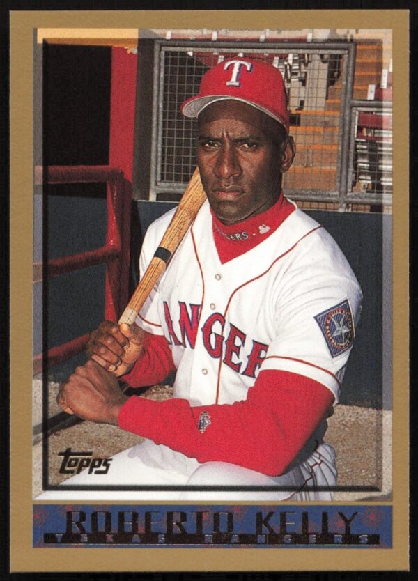 Front view of 1998 Topps Roberto Kelly baseball card, showcasing player in action.