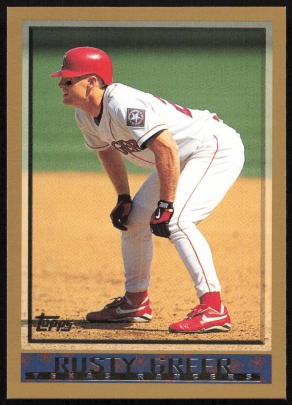 1998 Topps Rusty Greer baseball card, featuring Texas Rangers outfielder in action, card #220.