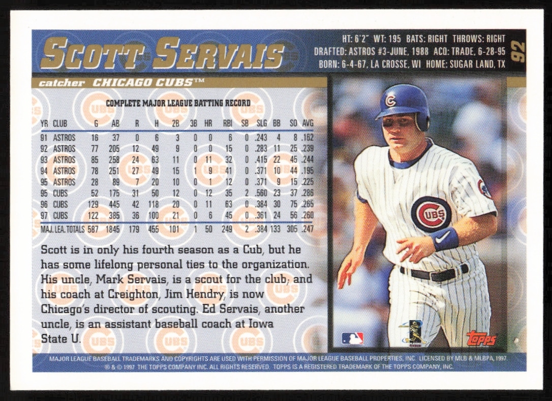 Back of 1998 Topps Scott Servais #92 card with stats and career highlights.