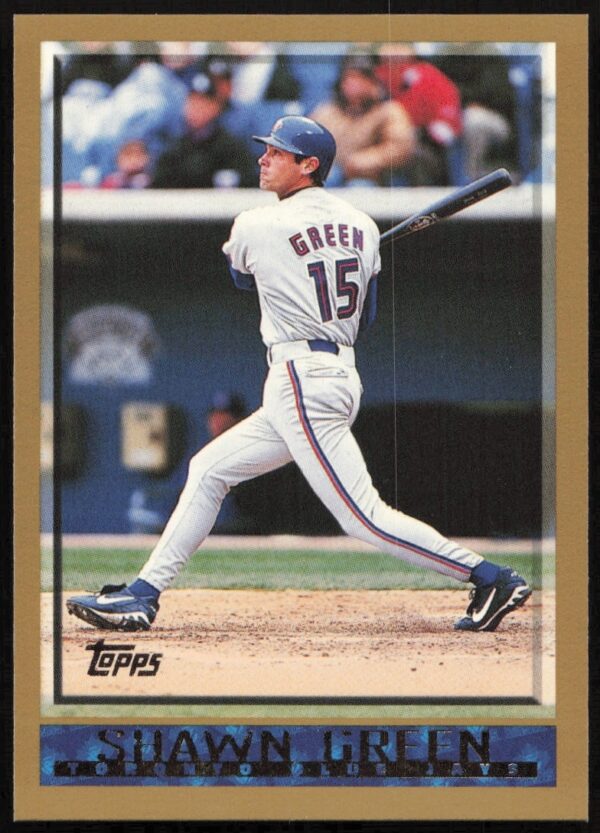 Front view of 1998 Topps Shawn Green baseball card, showcasing Toronto Blue Jays player.